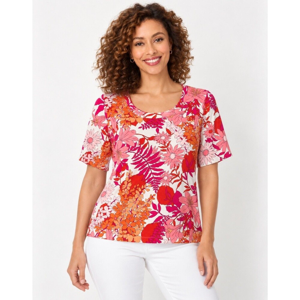 Talbots Pink Orange Floral Scoop Neck Short Sleeve Cotton The Talbots Tee Top L